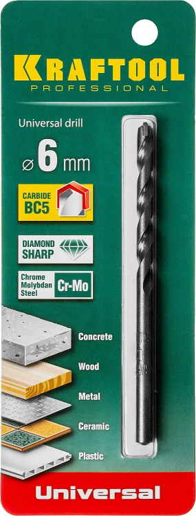 Сверло "UNIVERSAL" по бетону, металлу, дереву, KRAFTOOL PROFESSIONAL 29172-100-6, 6 х 100 мм 29172-100-6_z01 купить в Губкинске