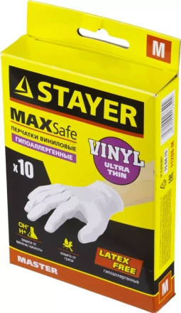 Перчатки STAYER &quot;MASTER&quot; виниловые экстратонкие, M, 10шт 11208-M купить в Губкинске