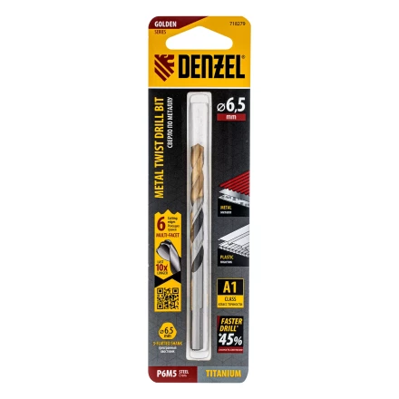 Сверло спиральное по металлу Denzel 6,5 x 93мм, Р6М5, Golden Tip, многогранная заточка, 718279 купить в Губкинске