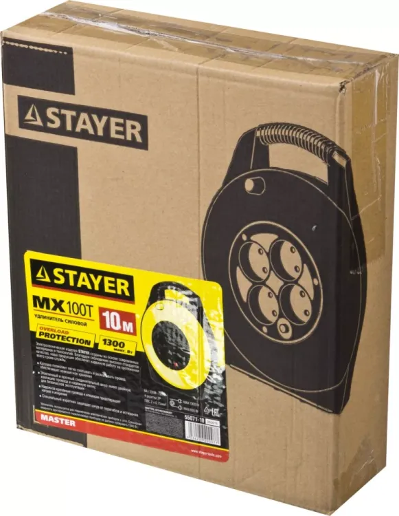 Удлинитель на катушке "MX100T", 10 м, 4 гнезда, ПВС 2x0,75 кв мм, 1300 Вт, STAYER 55071-10 купить в Губкинске