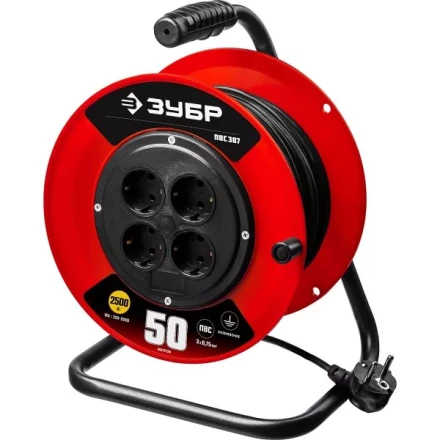 Удлинитель на катушке &quot;ПВС 307&quot;, 50 м, 2500 Вт, 4 гнезда, ПВС 3х0,75 кв мм, ЗУБР 55083-50 купить в Губкинске