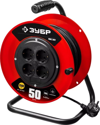 Удлинитель на катушке &quot;ПВС 307&quot;, 50 м, 2500 Вт, 4 гнезда, ПВС 3х0,75 кв мм, ЗУБР 55083-50 купить в Губкинске