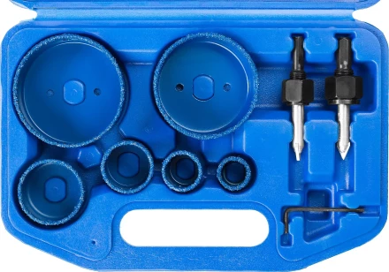 Набор коронок-чашек ЗУБР &quot;ПРОФЕССИОНАЛ&quot; c карбид-вольфрамовым нанесением, 6 коронок-чашек O 22, 28, 35, 44, 68, 73 мм, 2 державки со сверлами, ключ 33360-H6_z01 купить в Губкинске