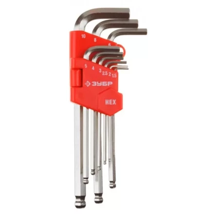 Набор ЗУБР Ключи &quot;МАСТЕР&quot; имбусовые длинные с шариком, Cr-V, сатинир. покрытие, пластик. держатель, HEX 1,5-10мм, 9 пред 27461-2_z02 купить в Губкинске