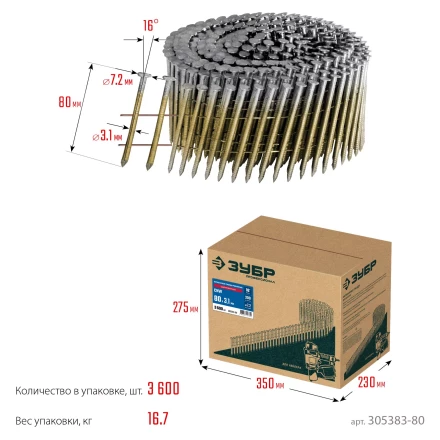 ЗУБР CNW 80 х 3.1 мм, барабанные гвозди рифленые оцинкованные, 3600 шт (305383-80) купить в Губкинске