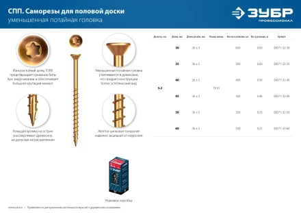 ЗУБР СПП, 45 х 3.2 мм, TX10, цинк, 300 шт, саморез для половой доски и паркета, Профессионал (30071-32-45) купить в Губкинске